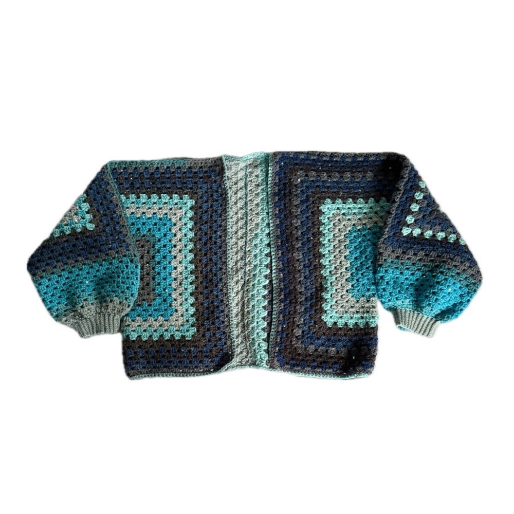 Women's Handmade Crochet Hexagon Cardigan Blue Gray Soft Cozy Knit Sweater Boho